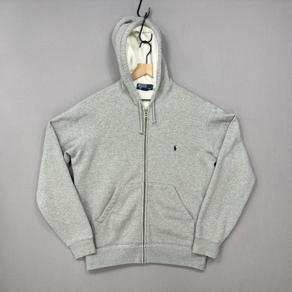 Vintage Y2K Polo Ralph Lauren Mens S Gray Full Zip Hoodie Waffle Lined Hood Pony